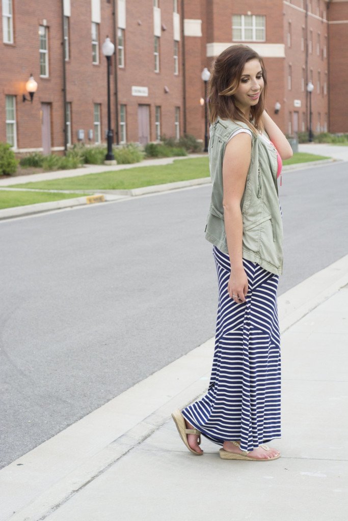 Summer to Fall maxi dress! Add a vest to a summery maxi to help transition from summer to fall! Look for stripes that shape your body and layer with a necklace! // Hey There, Chelsie - Photo by Whitney Major's Photograhy 