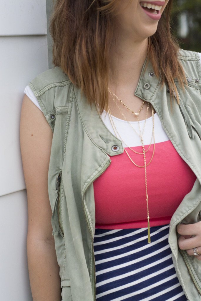 Summer to Fall maxi dress! Add a vest to a summery maxi to help transition from summer to fall! Look for stripes that shape your body and layer with a necklace! // Hey There, Chelsie - Photo By Whitney Major's Photography