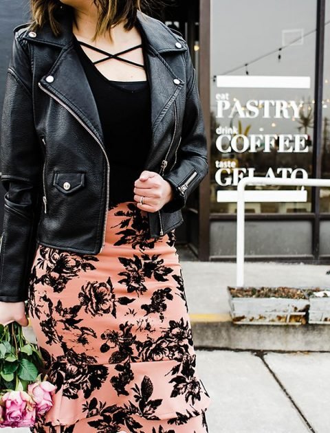 Edgy Valentine's Day Outfit Idea featuring a leather jacket and pencil skirt // Hey There, Chelsie