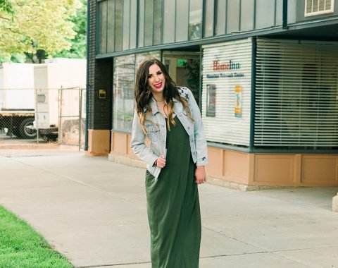 Green Maxi Dress and Denim Jacket Outfit Idea // Hey There, Chelsie