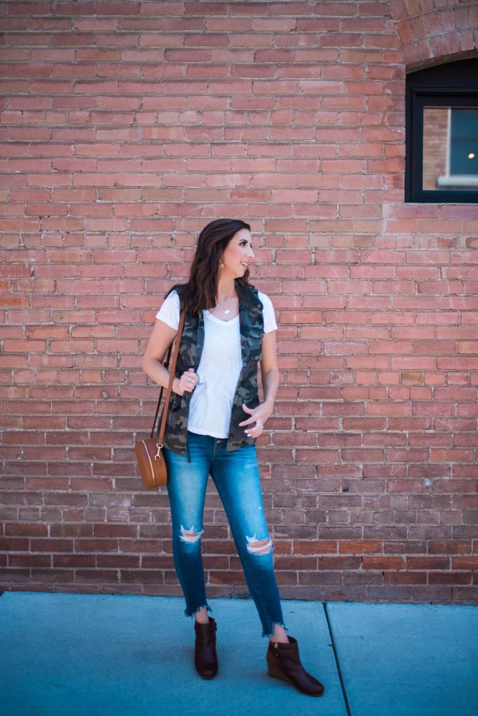 Summer to Fall Transitional Outfit idea. Early Fall outfit idea, how to wear a camo vest // Hey There, Chelsie